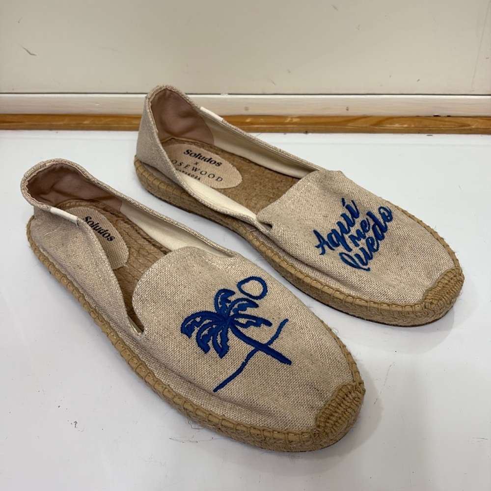 Soludos Natural Canvas Espadrilles with Blue Palm and Script